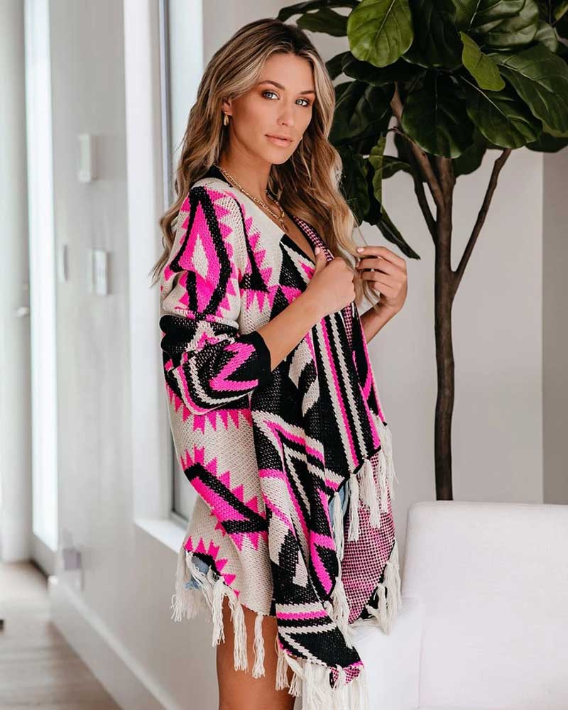 Printed Cardigan Fringe Long Sleeve Jacket