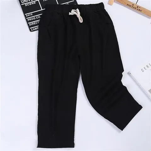 Solid color nine point pants washed cotton and linen Black B - Shop at LoveMi