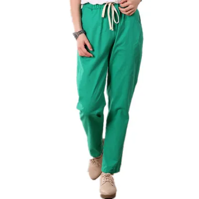 Solid color nine point pants washed cotton and linen Dark Green A - Shop at LoveMi