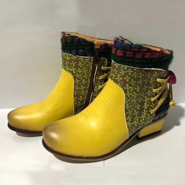 Ladies mid-heel color block boots - Yellow