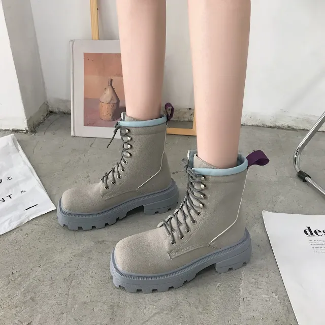 Square toe platform mid heel lace up fashion boots Grey - Shop at LoveMi