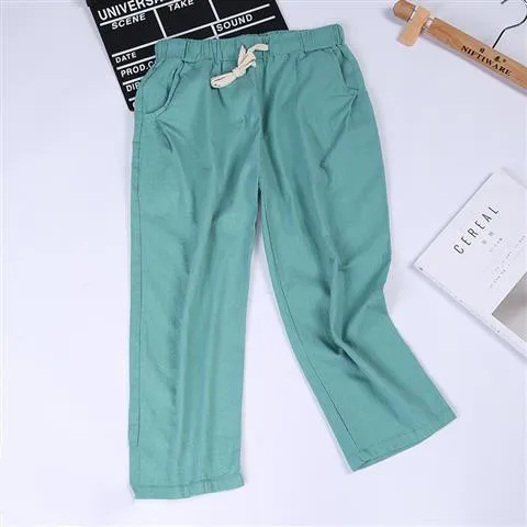 Solid color nine point pants washed cotton and linen Bean Green B - Shop at LoveMi