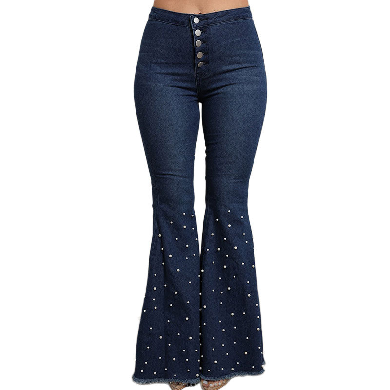 Beaded flared jeans with rough edges Blue - Shop at LoveMi