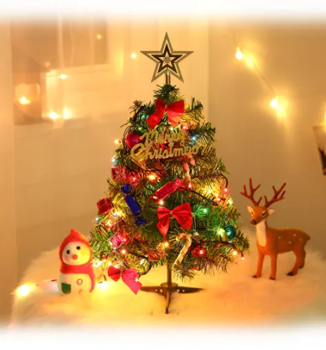 Mini Christmas Tree With Lights Small Accessories Bow Bells Pine Cone Gifts Christmas Desktop New Year Decorations – image 4