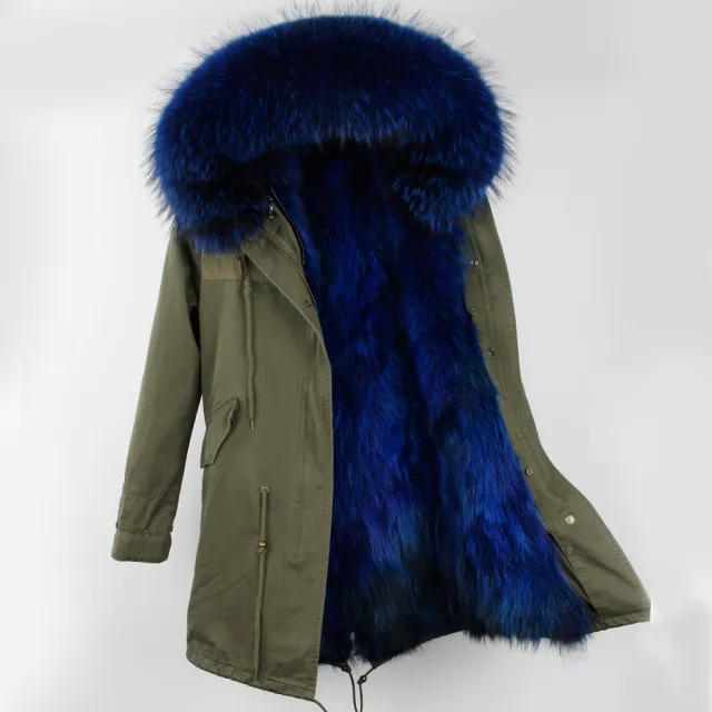 Oversized raccoon fur collar parka coat Army Green Blue - Shop at LoveMi