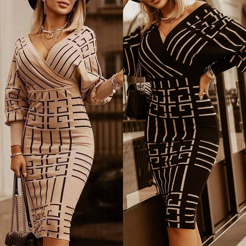 Striped mid-length V-neck long sleeve high waist dress
