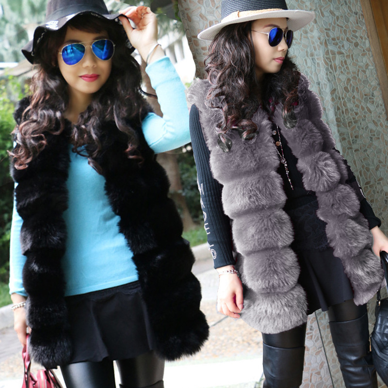 Women's mid-length casual wool coat faux fur vest