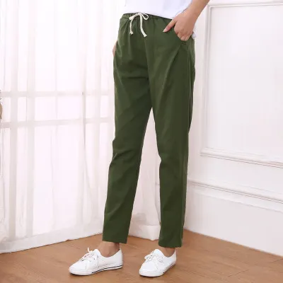 Solid color nine point pants washed cotton and linen Army Green A - Shop at LoveMi