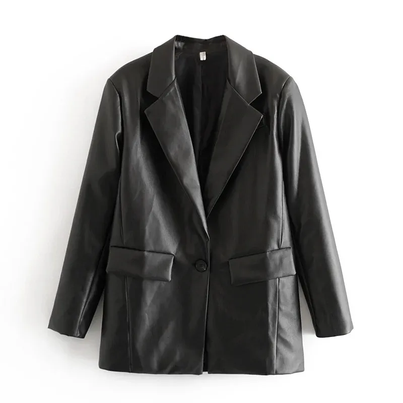 Ins European and American women's clothing faux leather loose suit jacket - Black