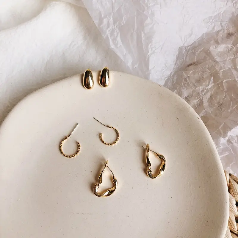 Multi-Piece Geometric Metal Hoop and Stud Earring Set — Gold