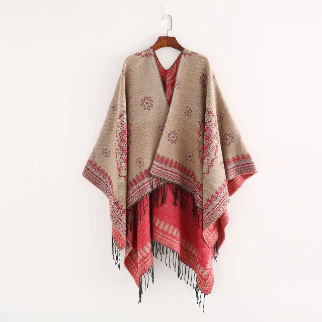 Geometric double sided printed tassel split cloak Pink - Shop at LoveMi