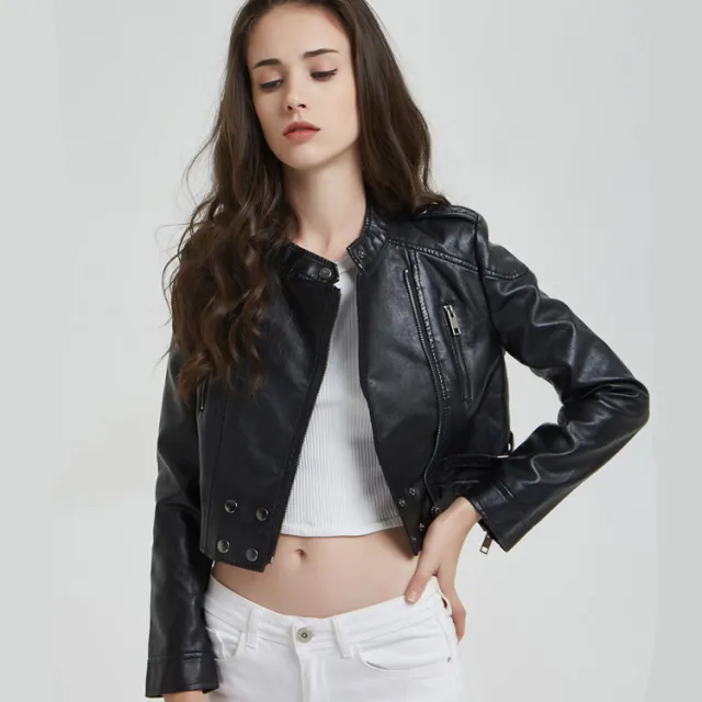 Short slim standing collar women's Motorcycle Jacket Tan - Shop at LoveMi