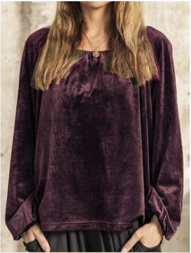 Round neck pullover pleated lantern sleeve velvet top Purple - Shop at LoveMi
