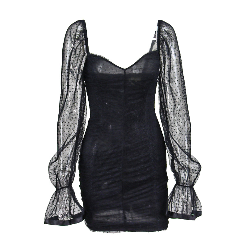 Chiffon wave point square neck pleated skirt with buttock