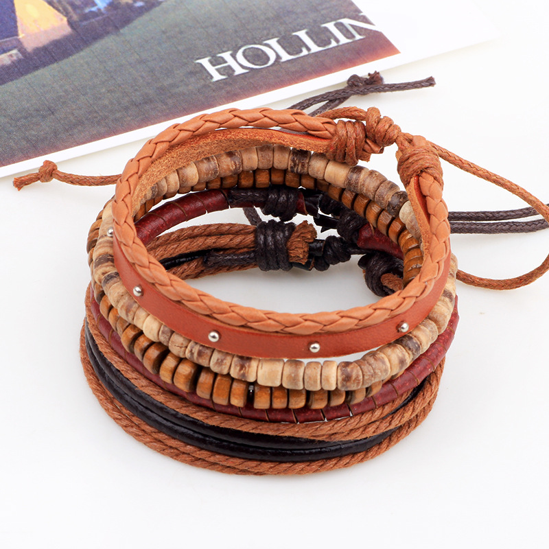 Amazon new cowhide Bracelet hemp rope woven Bracelet several coconut shell wooden beads personalized bracelet jewelry wholesale