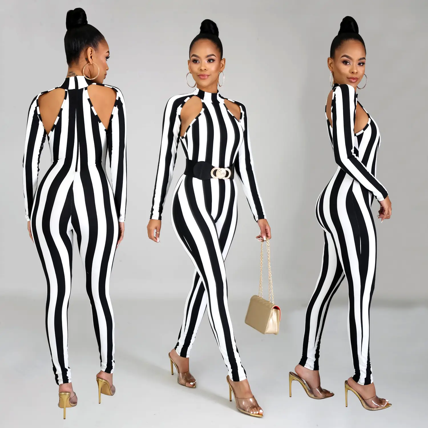 Women's long sleeve sexy striped jumpsuit