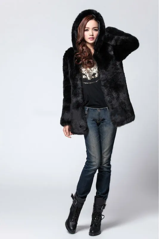 Faux fur women's hooded coat mid-length coat - Black