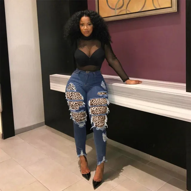 Personalized leopard cut hole skinny jeans Navy - Shop at LoveMi