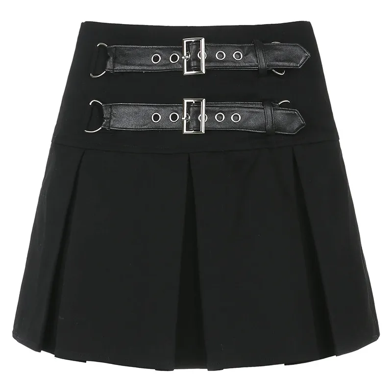 Leather buckle high waist fashion pleated skirt - Black