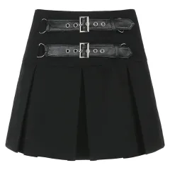 Leather buckle high waist fashion pleated skirt - Black - View 1