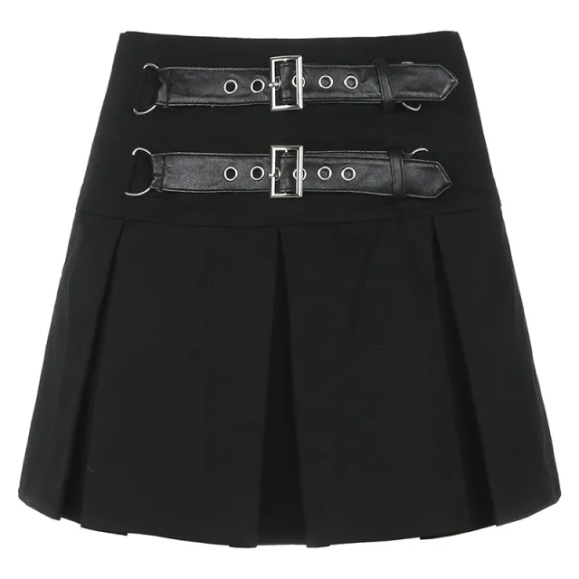 Leather buckle high waist fashion pleated skirt Black - Shop at LoveMi
