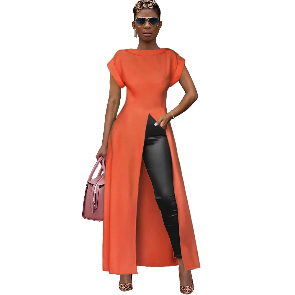 Round neck short sleeve high split zipper solid colour sexy dress - Orange Red