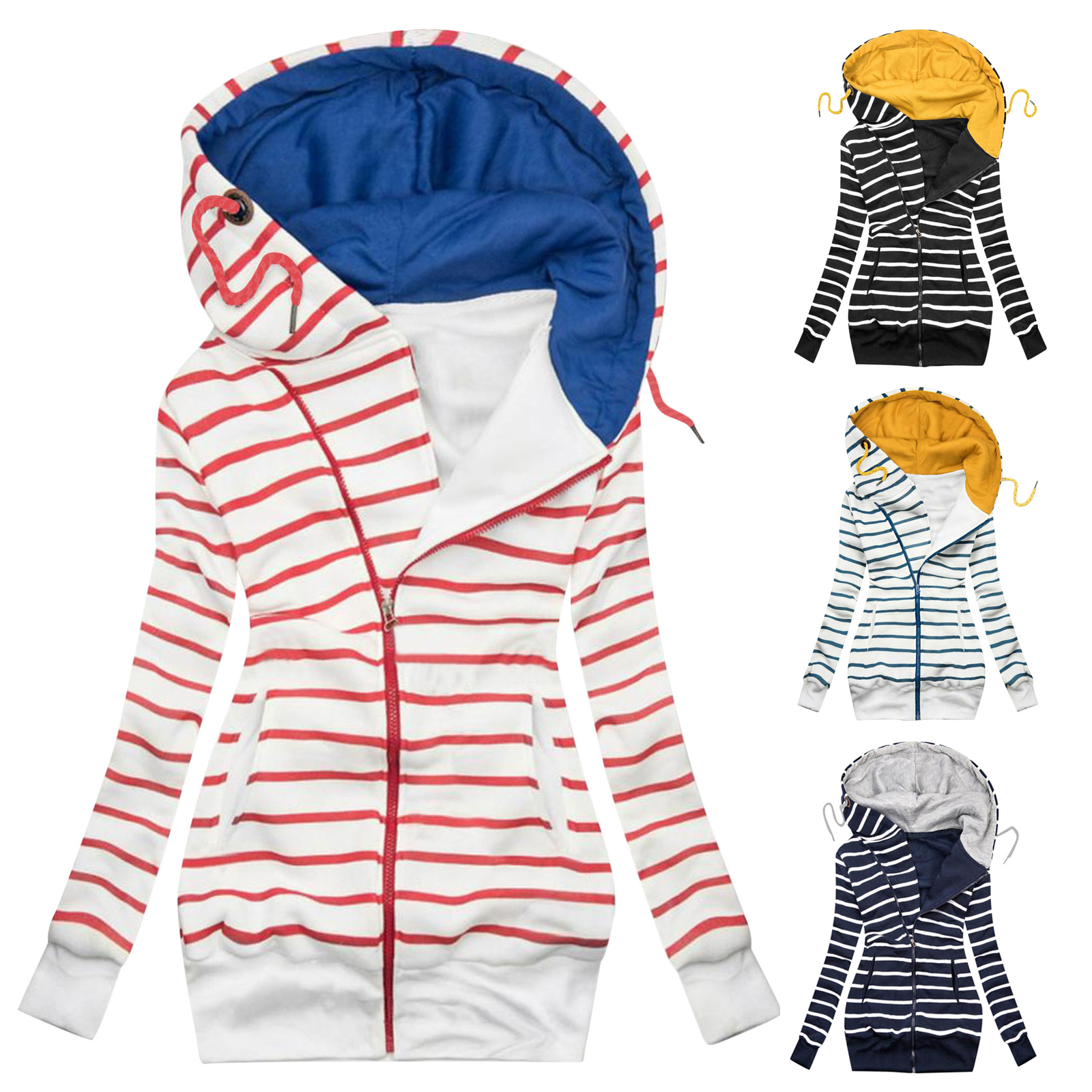 Women's Striped Printed Zipper Hoodie