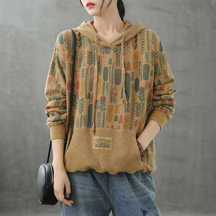 Retro print hooded sweater women loose slimming top