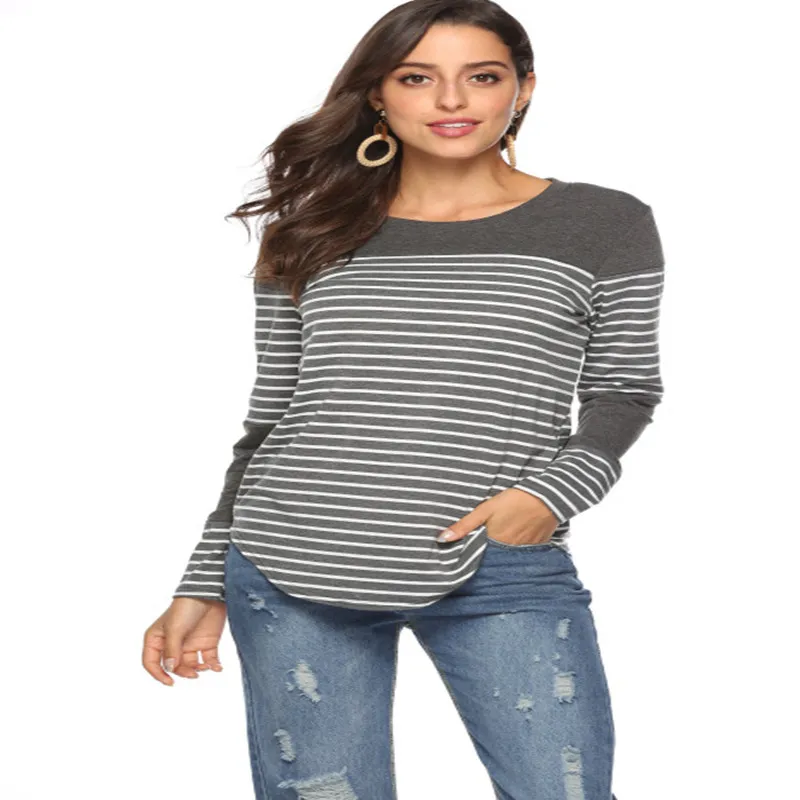 Casual striped stitching long-sleeved loose T-shirt top - Grey