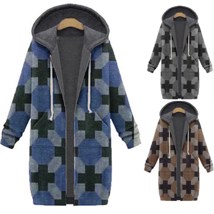 Long-sleeved hooded check wool coat