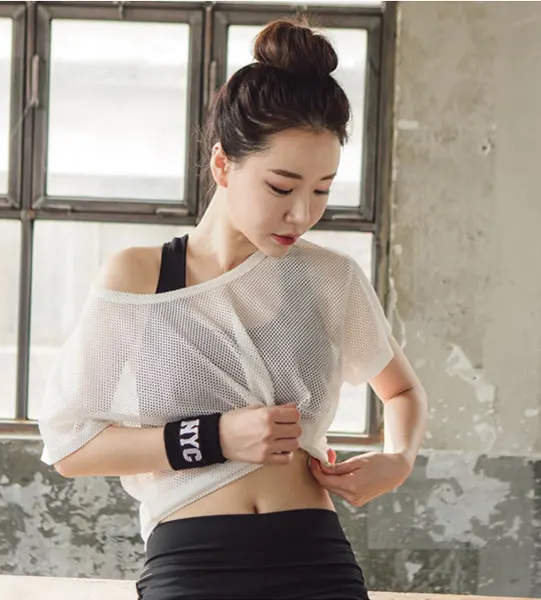 Women Yoga Shirt Hollow Out Mesh Blouse Crop Tops