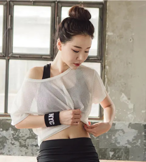 Women Yoga Shirt Hollow Out Mesh Blouse Crop Tops