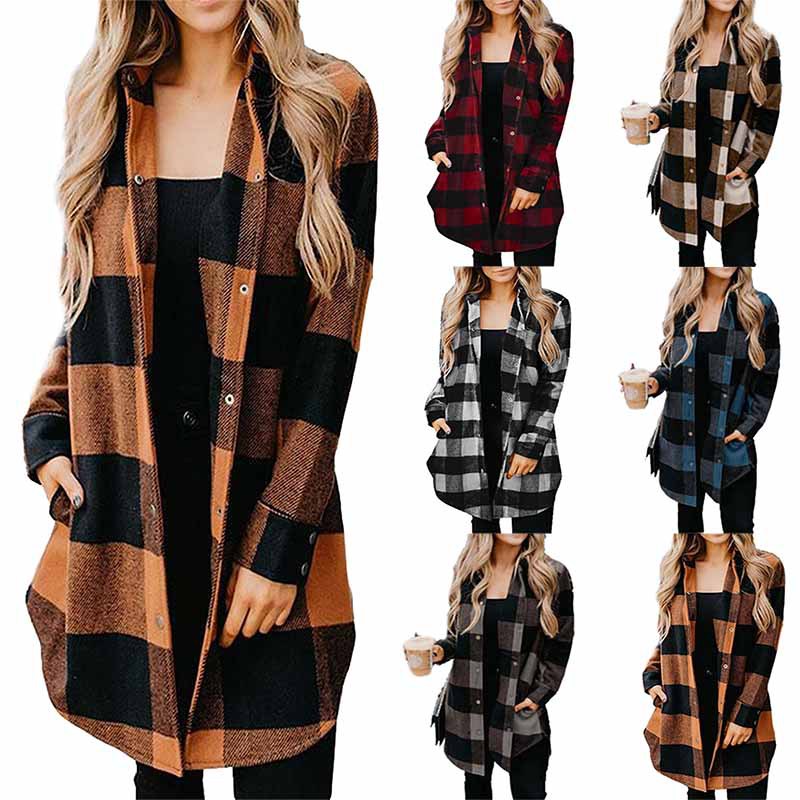 Ladies mid-length lapel plaid shirt jacket