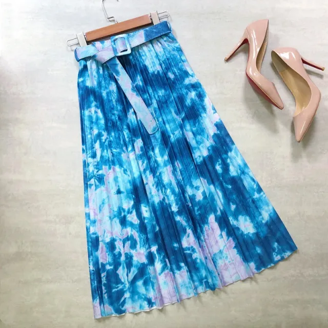 half skirt commuter star tie dye splash ink streamer print belt mid length pleated skirt high waist Blue - Shop at LoveMi