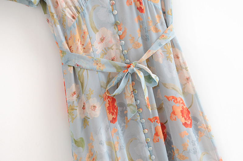 V-neck short sleeve floral print belt midi pullover dress