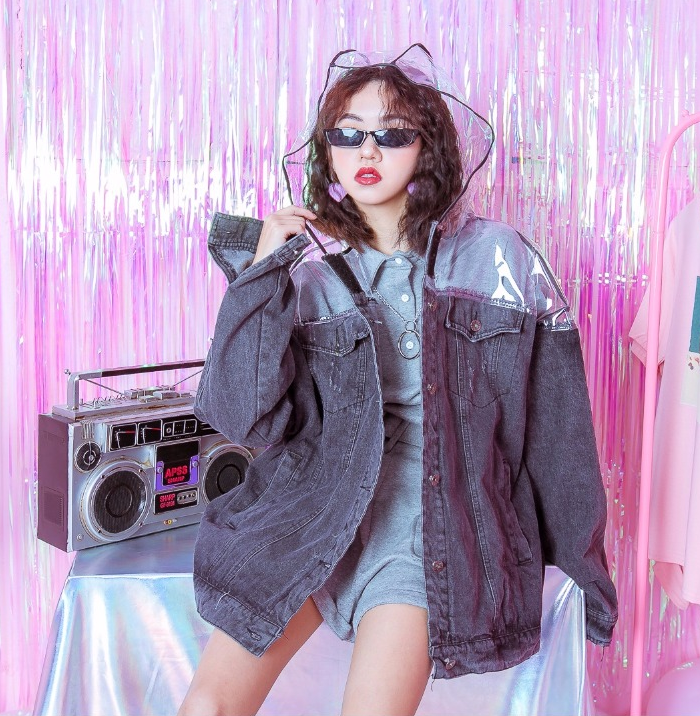 European and American hip hop retro worn BF wind cut transparent raincoat hooded stitching loose denim jacket