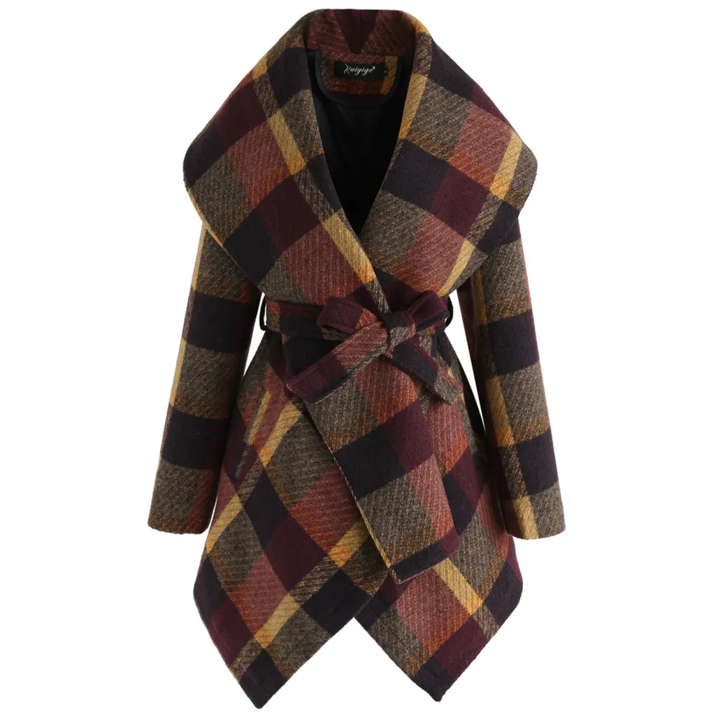Lace up Plaid mid length top women's coat - Red