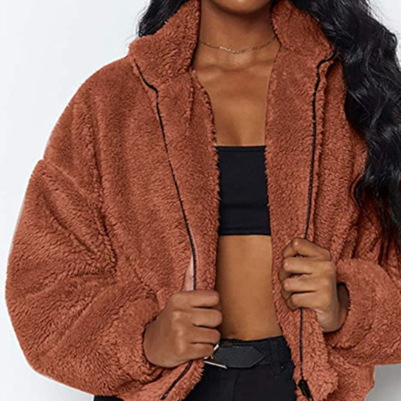 Women's warm coat faux fur jacket winter strong zipper loose long sleeves Khaki - Shop at LoveMi