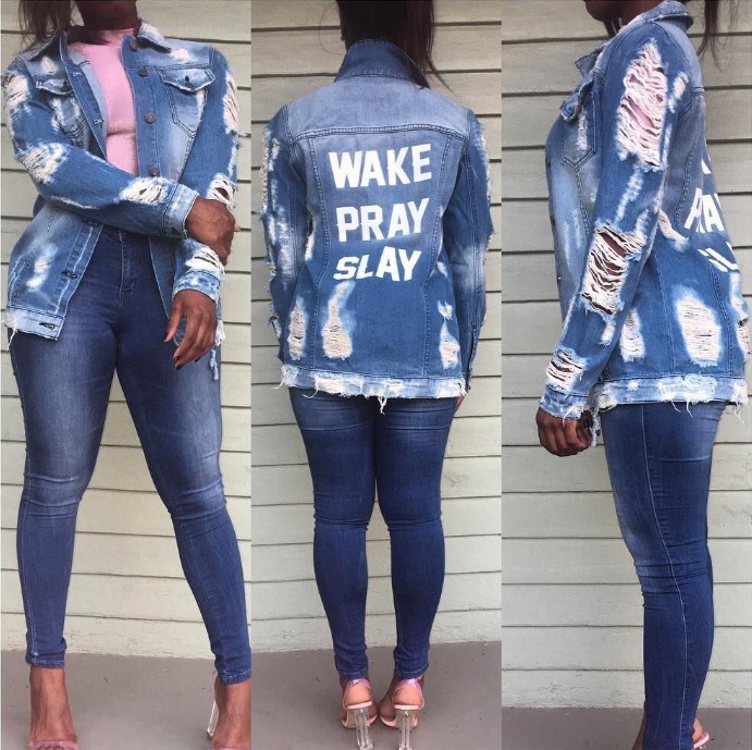 Letter print ripped denim jacket