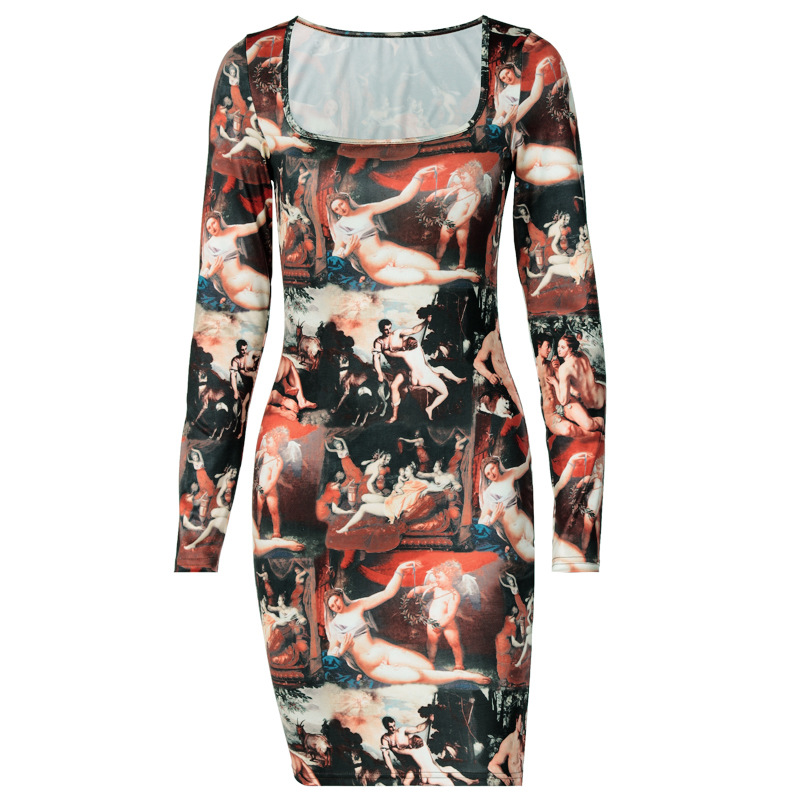 U-neck short skirt sexy fashion long sleeve dress