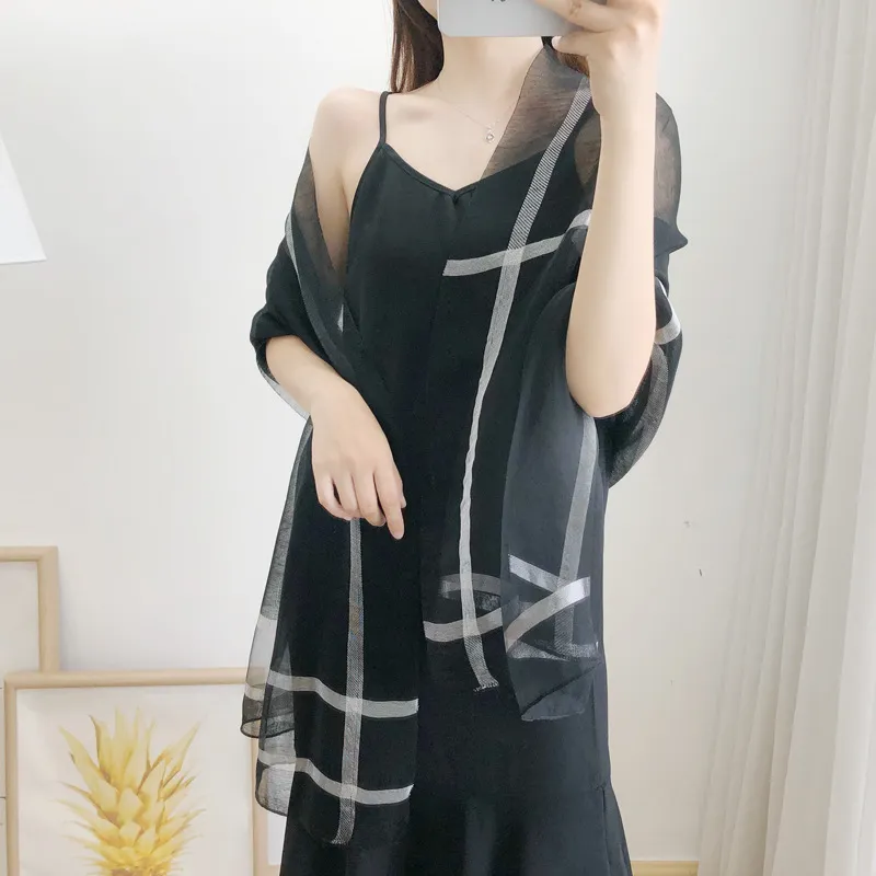 Silk wool long scarf shawl - Black