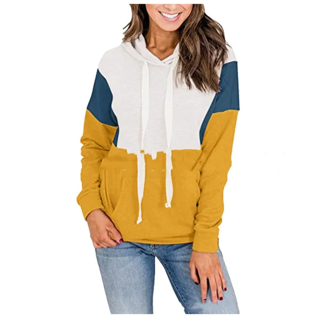 Stitching contrast color hooded sweater women Yellow - Shop at LoveMi
