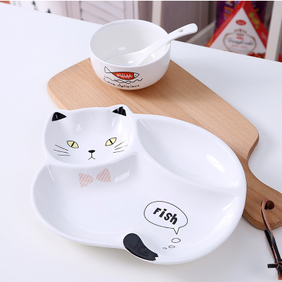 Creative cat children's ceramic plate cute cartoon grid plate baby rice tableware home breakfast plate