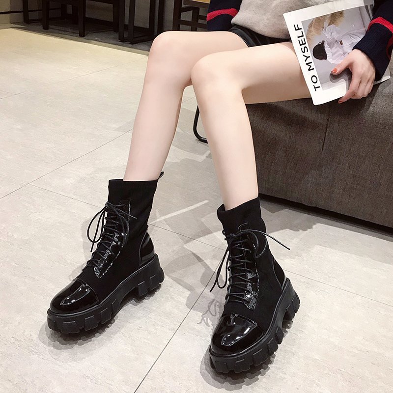 Front lace elastic thick-heeled knit British mid-tube net red socks boots