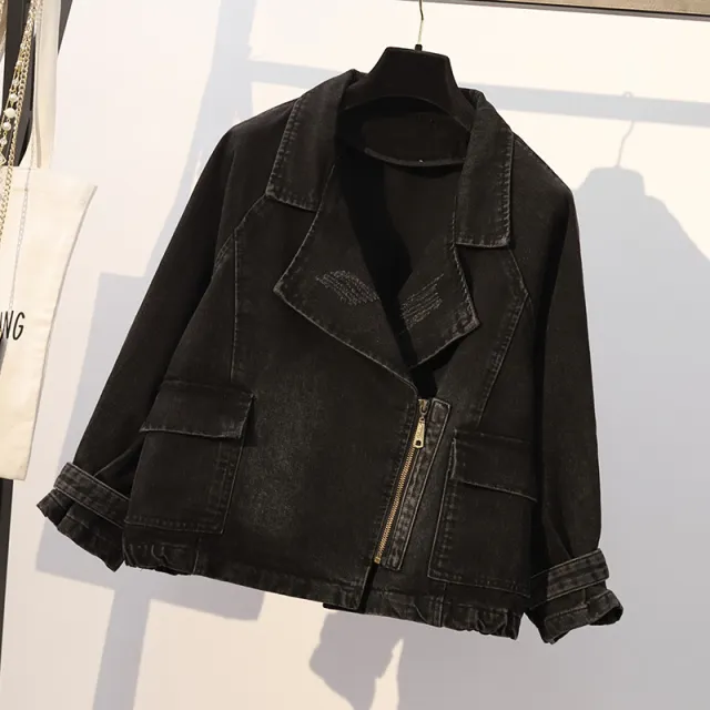 New plus size fashionable denim zipper jacket Black - Shop at LoveMi