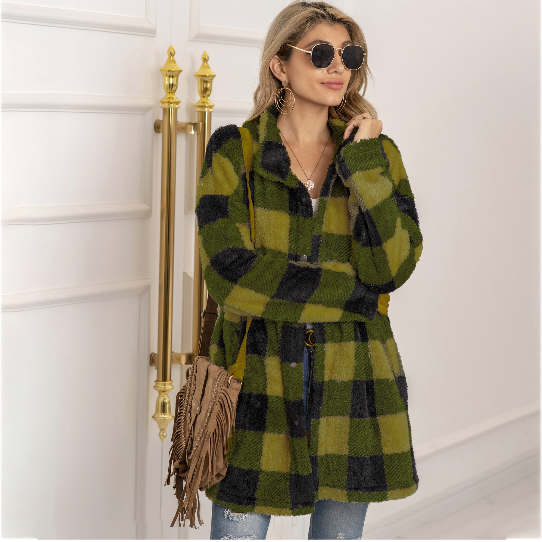 Contrast plaid long coat