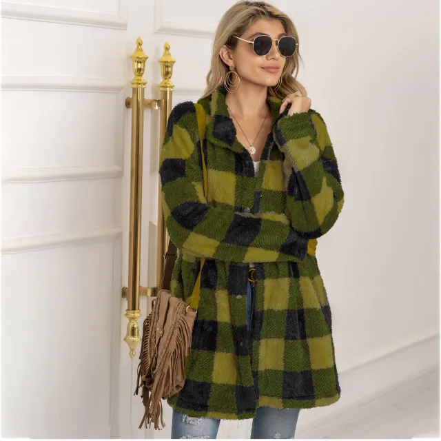 Contrast plaid long coat Green - Shop at LoveMi
