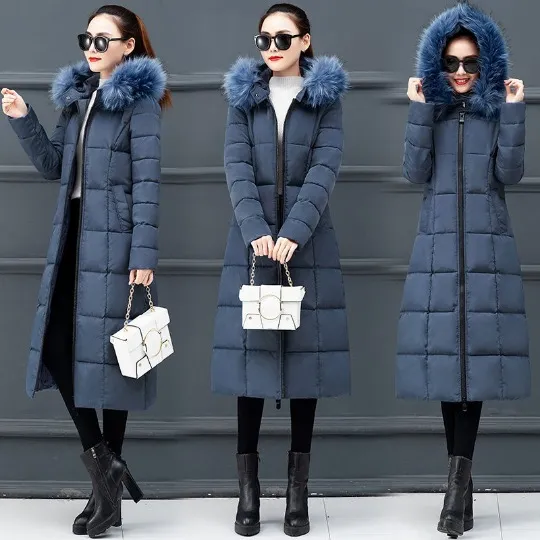 Hooded long down padded jacket with faux fox fur collar Blue - Shop at LoveMi