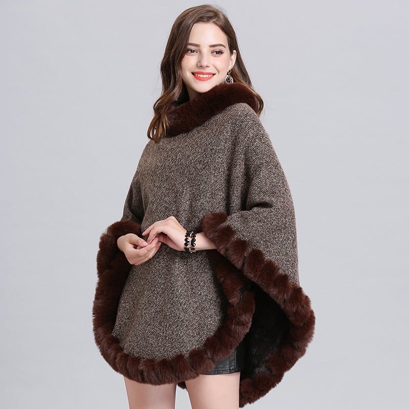 Knit sweater cloak shawl coat women Coffee - Shop at LoveMi