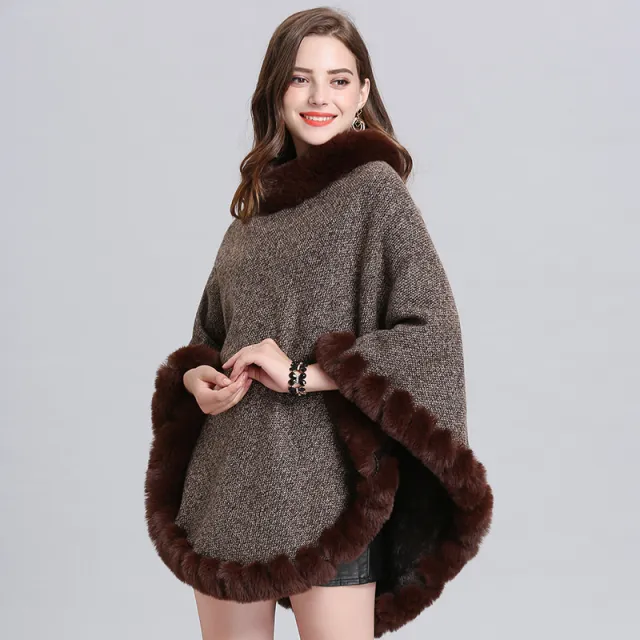 Knit sweater cloak shawl coat women Coffee - Shop at LoveMi